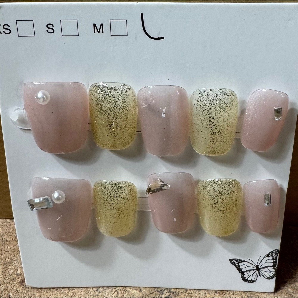 Press‎ On Nails Pink Shimmer Gold Glitter Pearl Rhinestone Size L Square